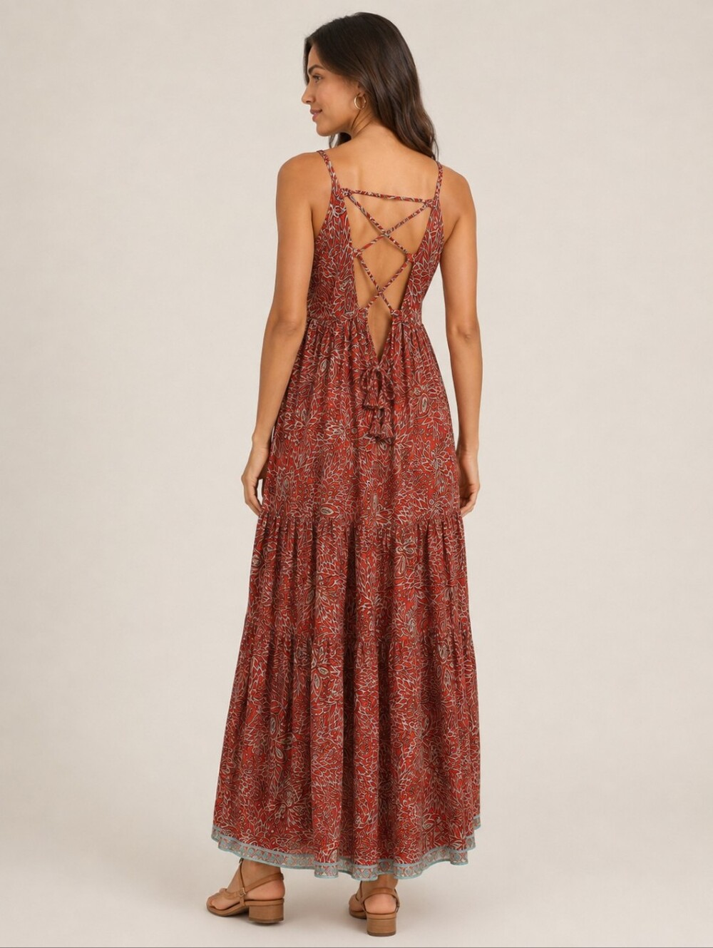 White Waves Boho Red Floral Tiered Maxi Skirt - Picture 6 of 10